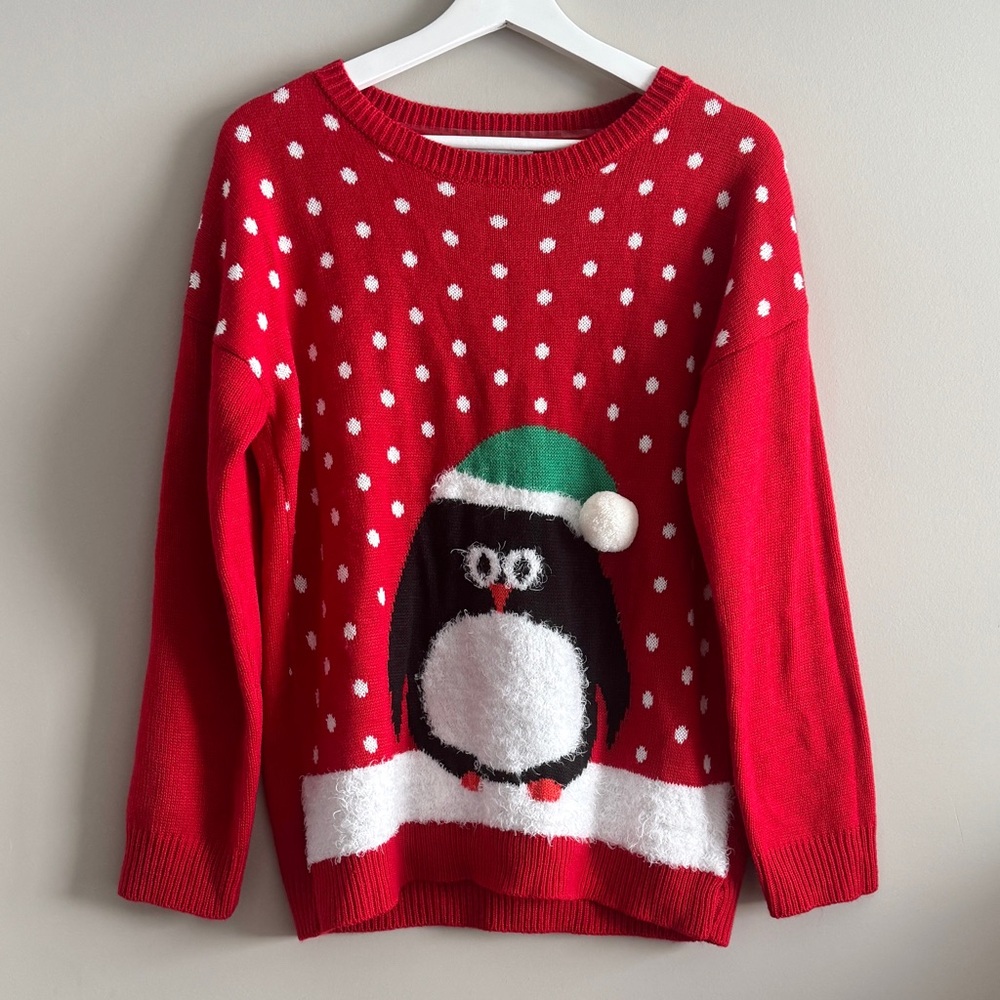 Notations Red Sweater with Cute Penguin Design
